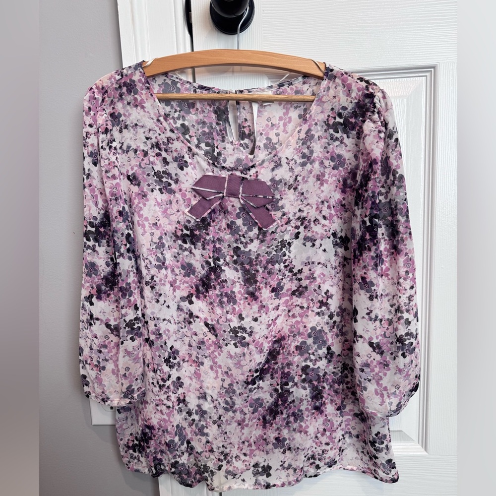LC Lauren Conrad Floral Blouse Bow Front 3/4 Sleeve Sheer Purple L